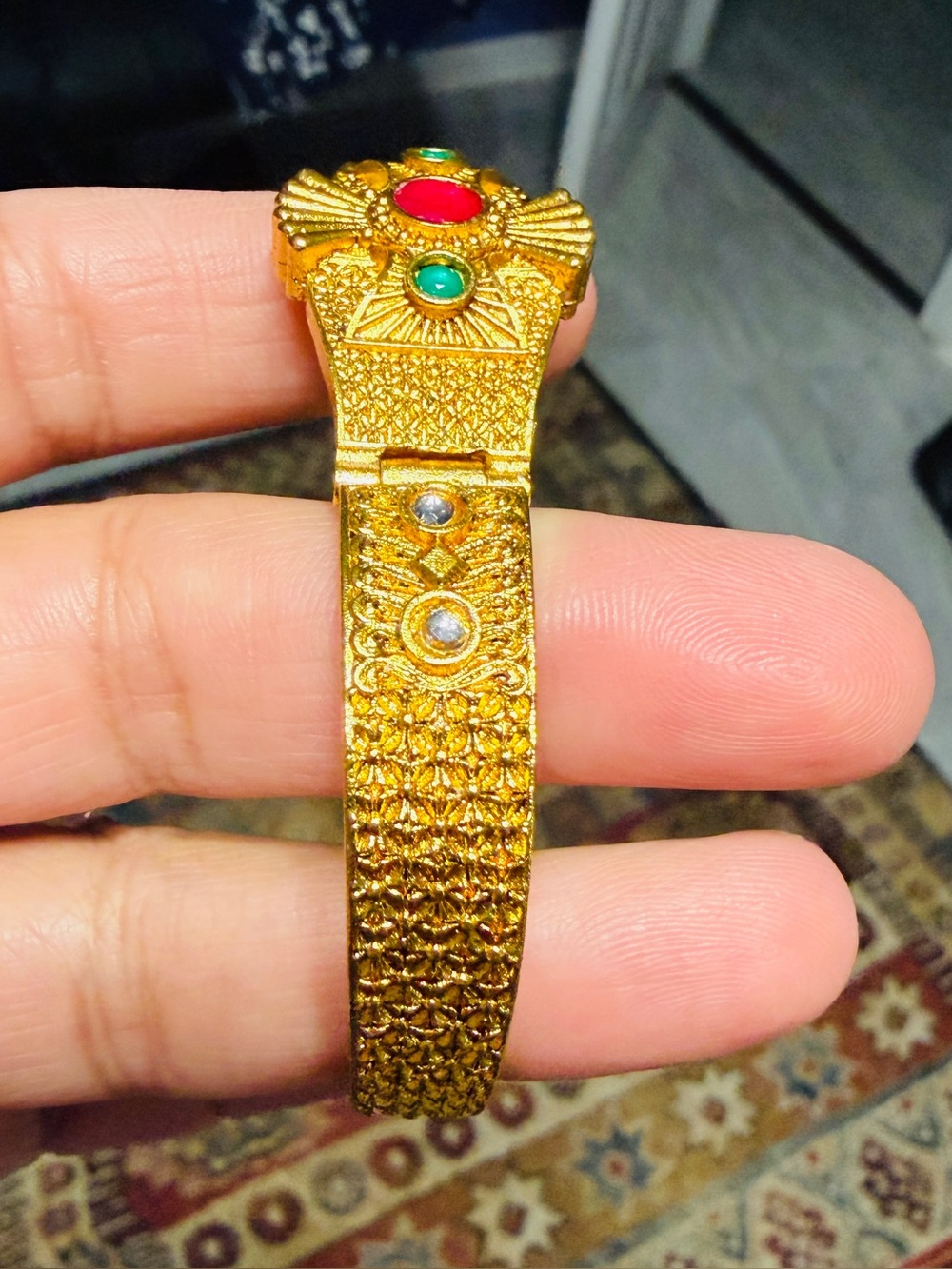 Gold-Tone Filigree Bracelet with Red and Green Accents